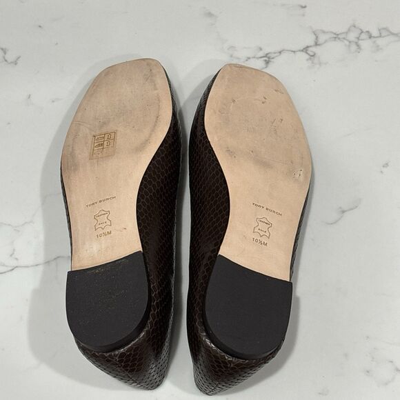 Tory Burch Ballet Flats 10.5 Georgia Square Toe Snakeskin Embossed Leather Brown - Picture 12 of 13
